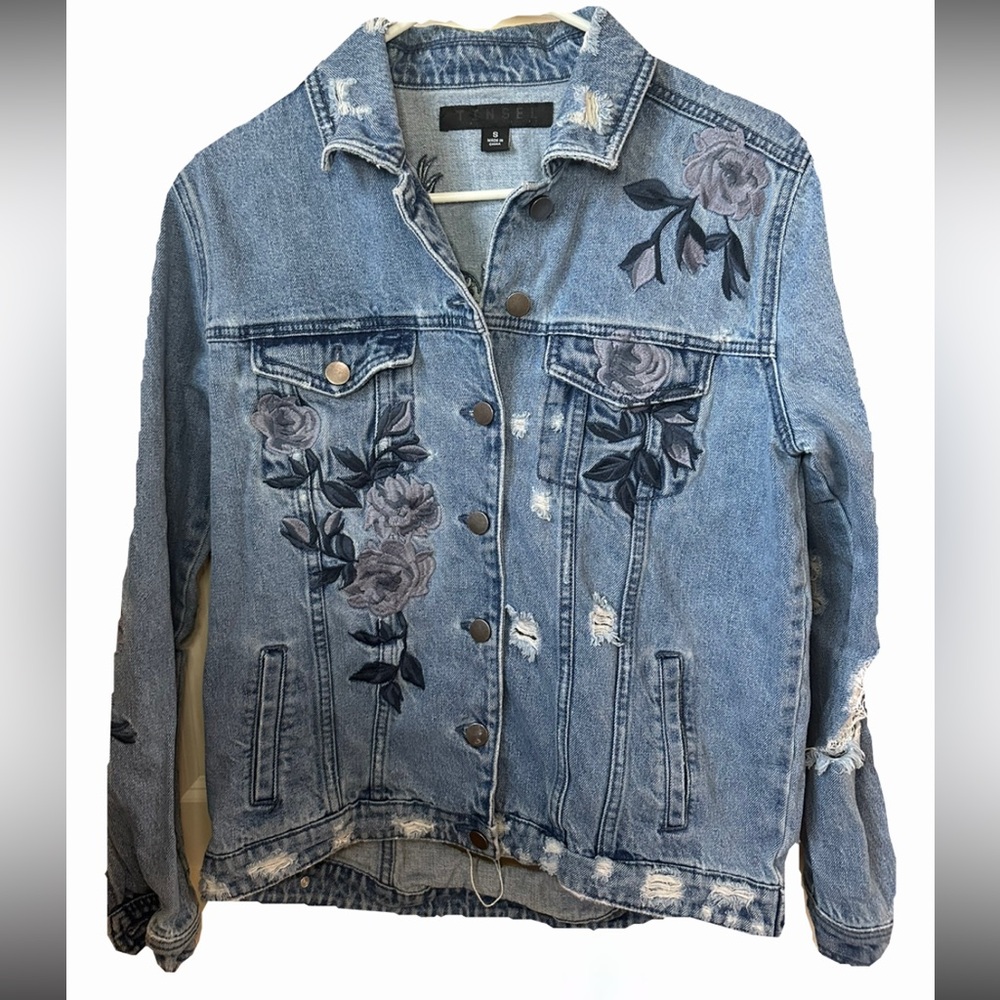 Floral Embroidery Oversized Distressed Jean Jacket